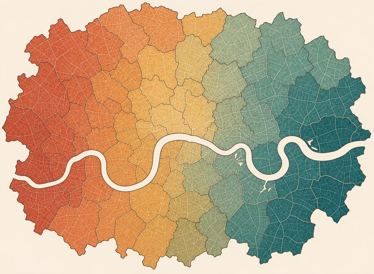 Stylised map of London with postcode districts shaded from low (red) to high (teal) café viability.